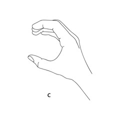 C is the third letter of the alphabet in sign language. Vector graphics image of a hand. The language of the deaf and dumb. Line art drawing. Black and white illustration. Fingers folded in letter c