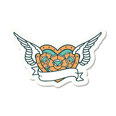 Naklejka premium tattoo style sticker of a flying heart with flowers and banner
