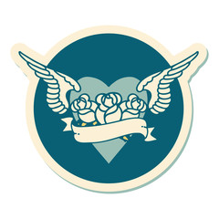 tattoo style sticker of a heart with wings flowers and banner