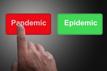 Red and green buttons with Epidemic and Pandemic and pointing finger, on a gray gradient background, on Pandemic