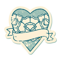 distressed sticker tattoo style icon of a heart and banner with flowers