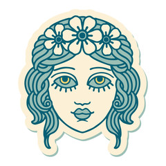 tattoo style sticker of female face with crown of flowers
