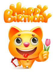 Yellow cat cartoon character with gift box and tulip flower. Happy birthday greeting card template