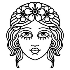 black line tattoo of female face with crown of flowers