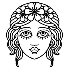 black line tattoo of female face with crown of flowers