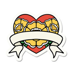 tattoo style sticker of a heart and banner with flowers