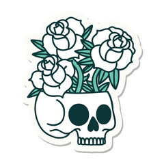 tattoo style sticker of a skull and roses