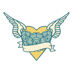 Naklejka premium tattoo style icon of a heart with wings flowers and banner