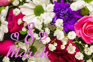 Holiday card - beautiful gift bouquet of various colorful decorative summer flowers, holiday greetings, handwritten inscription with a brush 8 march, greeting lettering