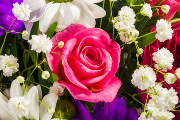 Background for a greeting card - beautiful gift bouquet of various colorful decorative summer flowers