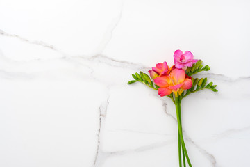 Flowers composition. Yellow, red, white flowers of Freesia on marble background. Spring, 8 of march, woman day, mothers day, easter concept. Flat lay, top view, copy space.