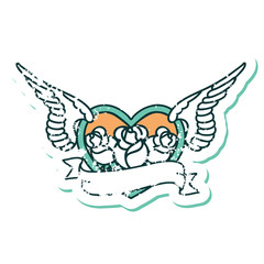 distressed sticker tattoo style icon of a flying heart with flowers and banner