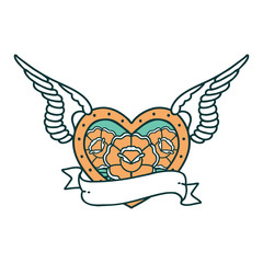 tattoo style icon of a flying heart with flowers and banner