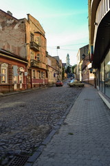 old street with a cobblestone pavement, Uzhhorod, Ukraine