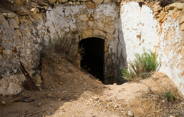 entrance of defensive artillery concrete fort, bunker built during the Second World War, Spain