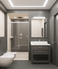 Modern bathroom with dark mosaic tile wall and light stone tile. Сandles on the shelf. 3d 