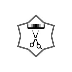 Black and white comb and open scissors silhouette. Hairdresser tool sign