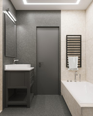 Modern bathroom with dark mosaic tile wall and light stone tile. Сandles on the shelf. 3d 