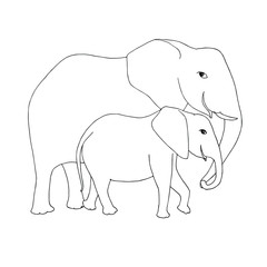 Elephant family sketch. Animal outline hand drawn ink monochrome art design element for web, for print, for coloring book