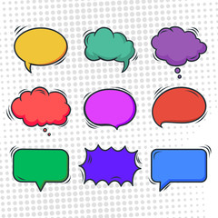 Set of speech bubbles. Comic speech bubbles collection. Isolated cartoon communication illustration, symbol, sign, shape. Colorful abstract dialog icon pack. Message elements in white background. 