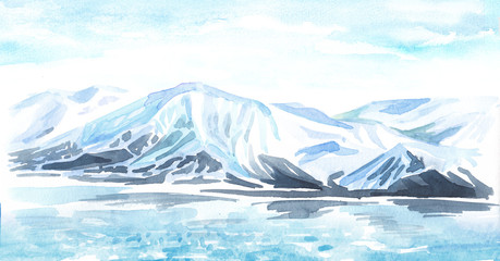 Fototapeta na wymiar Arctic landscape and glacier. Backgrounds with copy space. Hand-drawn horizontal watercolor illustration