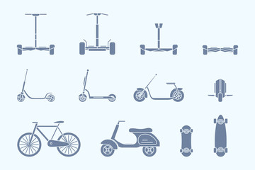Eco-friendly transport Icons set - Vector silhouettes of scooter, monowheel, hoverboard, bicycle and skateboard for the site or interface © Pavel-reDesign