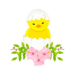 Hand drawn happy easter design. Watercolor illustration of yellow chick with pink flowers, branches, green leaves and egg shells. Isolated boho illustration on white.