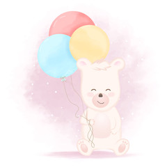Cute bear with balloon hand drawn cartoon illustration