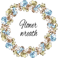 Spring wreath of daisies, vector illustration drawn by ink in blue and beige colors carved on a white background.