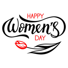 Women's Day greeting hand drawn lettering with tulip. Template for poster, postcards, banner. International Women&rsquo;s Day text design greeting card. Vector illustration for 8 March.