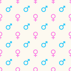 Seamless geometric vector pattern with gender signs. Mars and venus icons background. Blue man and pink woman symbols repeatable illustration