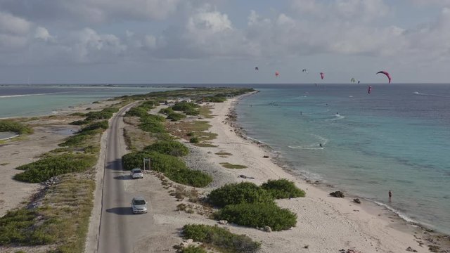 Bonaire Caribbean Netherlands Aerial v23 Moving south down kiteboarding beach - January 2019