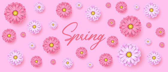 Spring background with beautiful colorful flower. Vector illustration template, banner, wallpaper, flyer, invitation card, poster, brochure on isolated light purple background