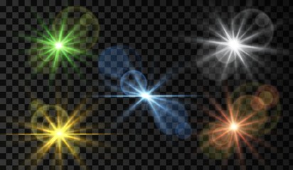 Lens flare. Light glow effect. Sparkle and glare object. Isolated vector illustration on transparent background.