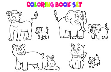 coloring book set.mother animals and baby animals cartoon.