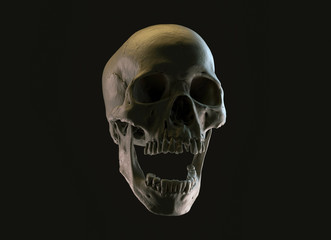 Human skull on Rich Colors a Dark Isolated Background. The concept of death, horror. A symbol of spooky Halloween. 3d rendering illustration.