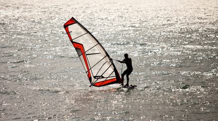 Planche à voile dans le soleil, spor nautique en mer.