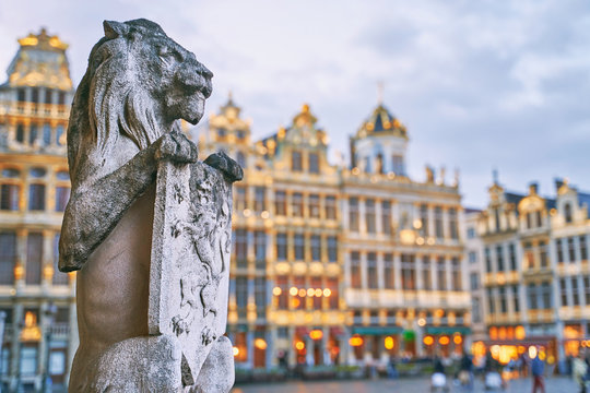 Lion Statue at the Grand Place in Brussels, Belgium at dusk