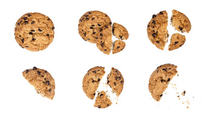 Close up of chocolate chip cookie pieces with crumbs set collection isolated on white background