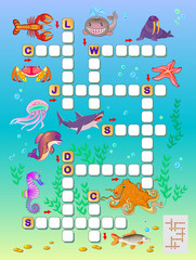 Crossword puzzle game for kids with sea animals. Educational page for children to study English language and words. Printable worksheet for kids textbook. Back to school. Vector cartoon image.
