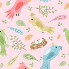 Colored birds, leaves,  feathers, seamless pattern, wall paper, scrapbooking paper, natural ornament, pink background