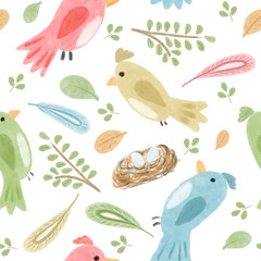 Colored birds, leaves,  feathers, seamless pattern, wall paper, scrapbooking paper, natural ornament, white background