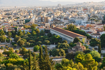 View of Athens from  Acropolis. Famous places in Athens - capital of Greece. Ancient monuments.