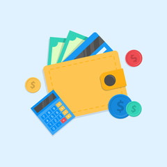 wallet with green dollars and a bank card. calculator and coins. wallet icon with money.