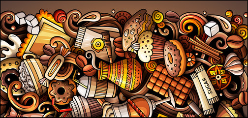 Obraz premium Coffee hand drawn doodle banner. Cartoon detailed flyer.
