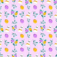 Happy Easter Postcard Seamless Pattern. Seamless Pattern Of Multicolored Easter Eggs With Lamb On The Pink Background. Design For Postcard And Wrapping Paper. Cartoon Flat Style. Vector illustration