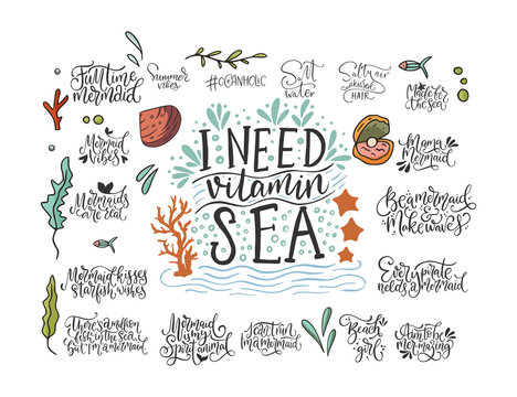 Summer sea lettering big vector set. Ocean quotes and clip art collection. Perfect for t shirt, card print design. Graphic nautical marine theme illustration. I need vitamin sea.