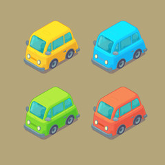 Set of isometric cars. Cartoon style. City transport.
