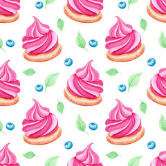 Seamless pattern with Watercolor cupcakes. Bright Sweets for Birthday postcard, Greeting card. Background  for holiday and party. Textile print. Artistic design with food  for cafe. Freehand drawing