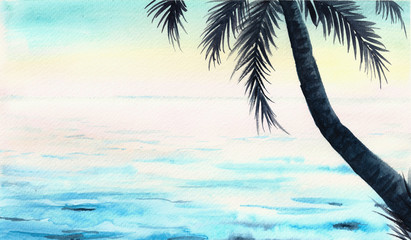 Tropical beach palm and ocean background watercolor illustration.